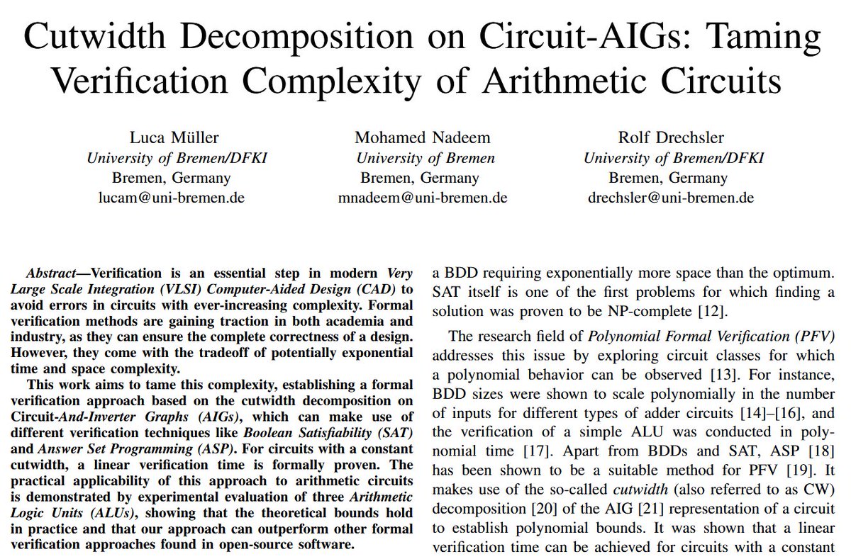 Rolf_Drechsler's tweet photo. #ISQED2026 - Luca Müller from @agra_uni_bremen and #DFKI presents on "Cutwidth Decomposition on Circuit-AIGs: Taming Verification Complexity of Arithmetic Circuits"; paper is available #online https://t.co/6QXPrfPk50 #verification #arithmetic #PolyVer https://t.co/QL0cvubkqp
