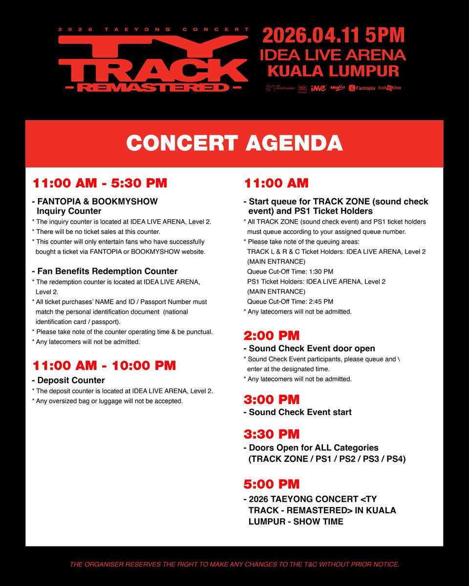 imemalaysia's tweet image. 𝟮𝟬𝟮𝟲 𝗧𝗔𝗘𝗬𝗢𝗡𝗚 𝗖𝗢𝗡𝗖𝗘𝗥𝗧 &amp;lt;𝗧𝗬 𝗧𝗥𝗔𝗖𝗞 - 𝗥𝗘𝗠𝗔𝗦𝗧𝗘𝗥𝗘𝗗&amp;gt; 𝗶𝗻 𝗞𝗨𝗔𝗟𝗔 𝗟𝗨𝗠𝗣𝗨𝗥 - 𝗖𝗢𝗡𝗖𝗘𝗥𝗧 𝗔𝗚𝗘𝗡𝗗𝗔

Know before you go ~ here’s the CONCERT AGENDA to keep you prepared! To ensure a smooth and enjoyable experience for everyone, kindly take