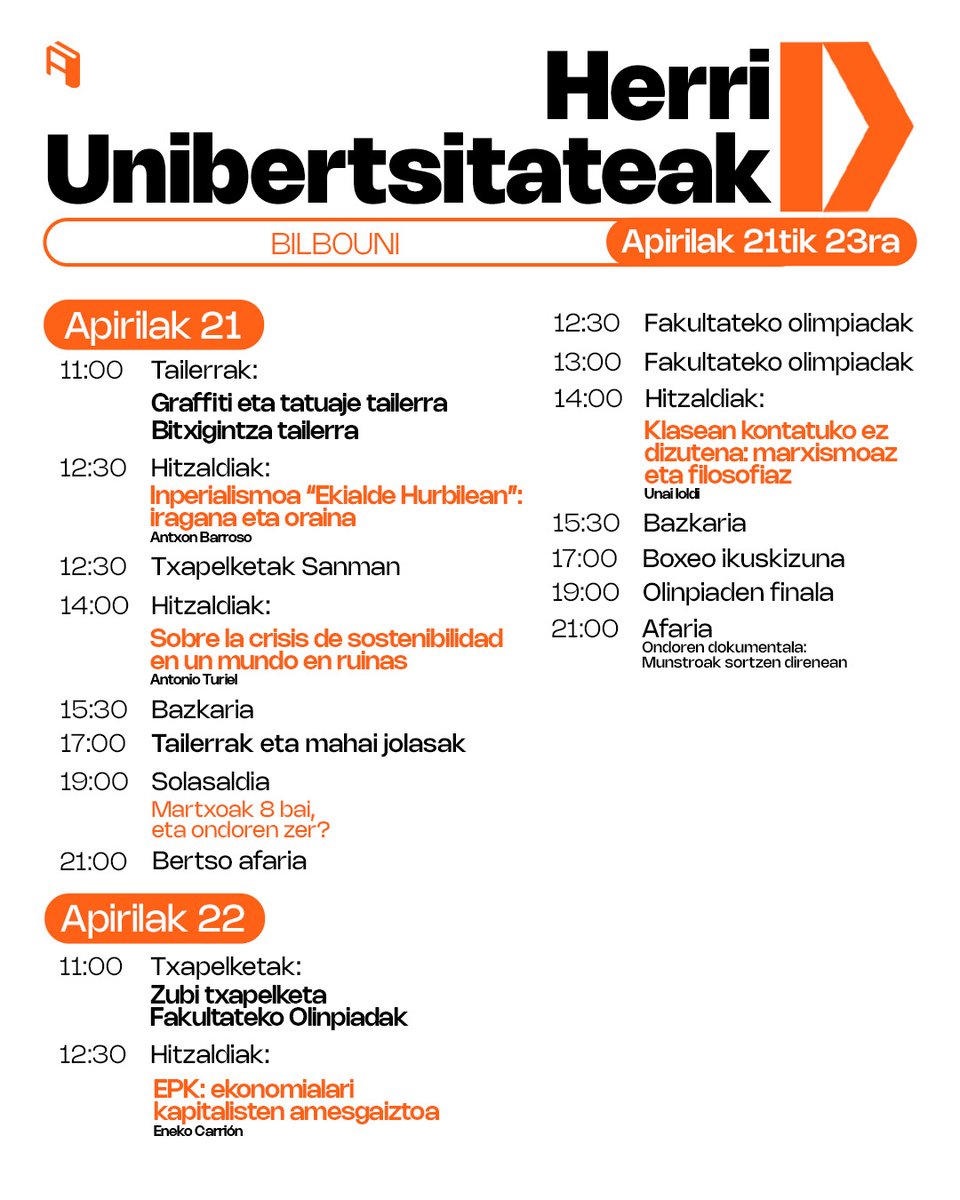 Gero eta hurbilago daude Herri Unibertsitateak!⏳

Hemen dira aurtengo egitarauak: formakuntza politikoa, eztabaidak, aisialdia, kontzertuak eta askoz gehiago!

🗓️Apirilak 21, 22 eta 23
📍Leioa, Gasteizuni, Ibaeta, Bilbouni, Eibaruni, NUP eta IEHuni

Animatu parte hartzera!