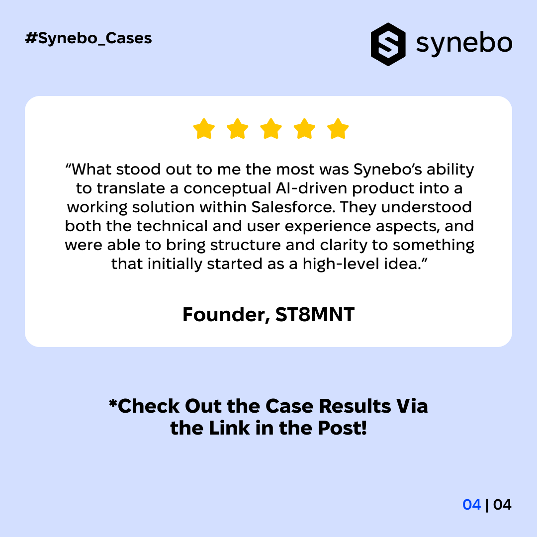 synebo's tweet photo. 🤖 #Agentforce AI agents are powerful, but making them effective requires careful setup.

In our recent case, we helped ST8MNT add an #AI layer to their #AppExchange app, building a scalable, intuitive managed package.

See the full case study: https://t.co/XiXRoAEgPh 

#Synebo https://t.co/6NQ99RdVcE