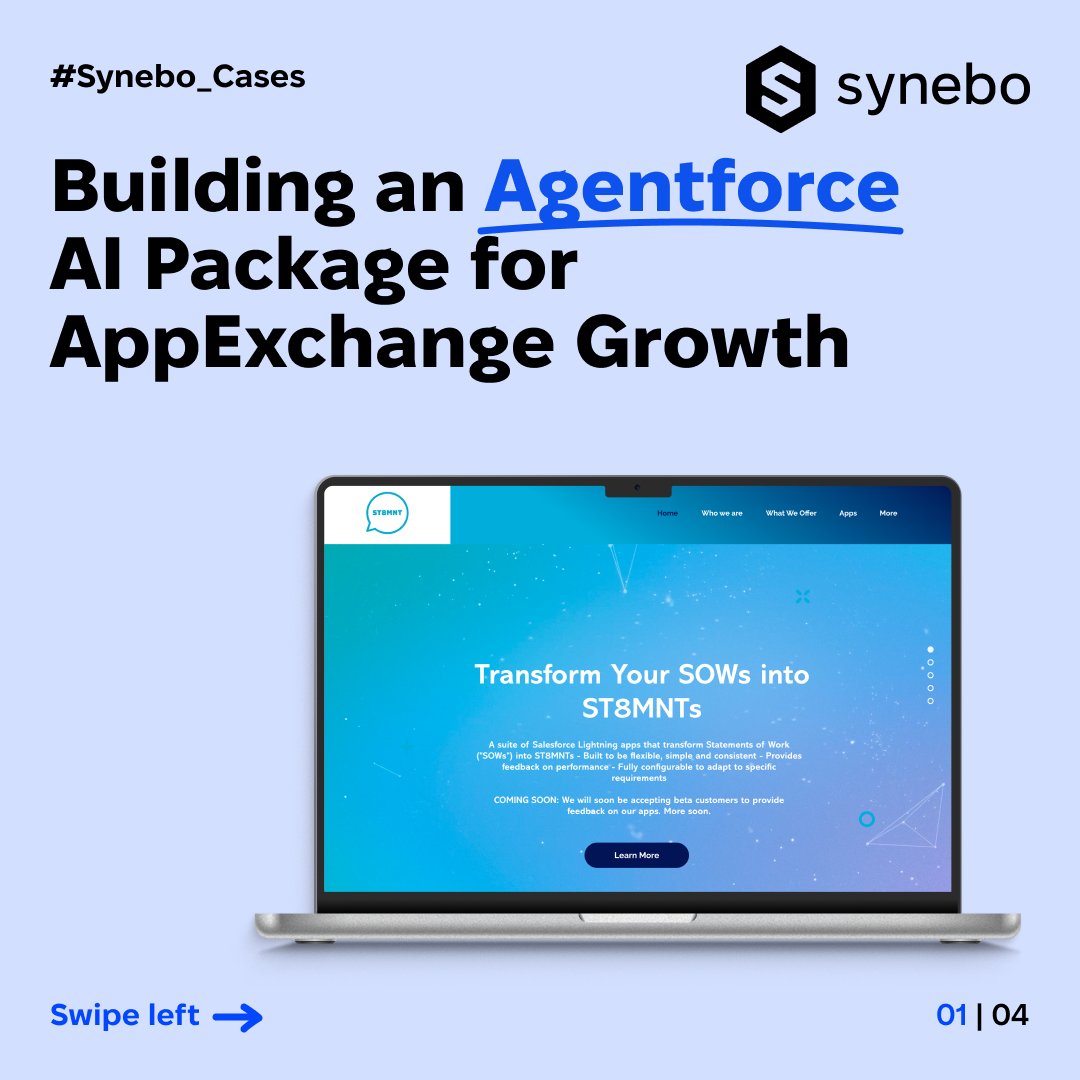 synebo's tweet photo. 🤖 #Agentforce AI agents are powerful, but making them effective requires careful setup.

In our recent case, we helped ST8MNT add an #AI layer to their #AppExchange app, building a scalable, intuitive managed package.

See the full case study: https://t.co/XiXRoAEgPh 

#Synebo https://t.co/6NQ99RdVcE
