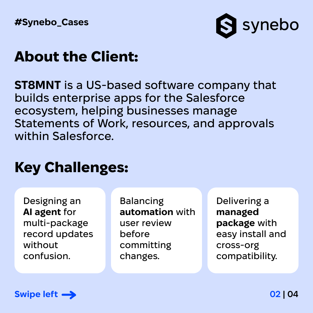 synebo's tweet photo. 🤖 #Agentforce AI agents are powerful, but making them effective requires careful setup.

In our recent case, we helped ST8MNT add an #AI layer to their #AppExchange app, building a scalable, intuitive managed package.

See the full case study: https://t.co/XiXRoAEgPh 

#Synebo https://t.co/6NQ99RdVcE