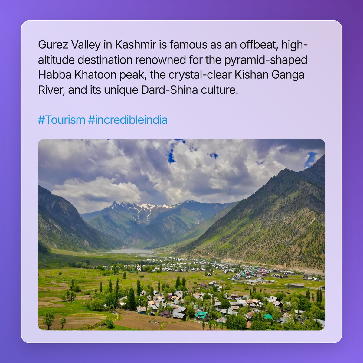travelpathindia's tweet photo. Gurez Valley in Kashmir is famous as an offbeat, high-altitude destination renowned for the pyramid-shaped Habba Khatoon peak, the crystal-clear Kishan Ganga River, and its unique Dard-Shina culture.

#Tourism #incredibleindia https://t.co/HWkc2xB24l