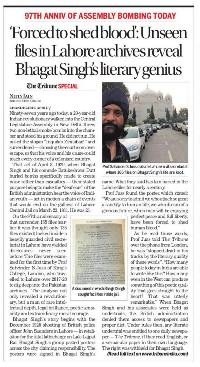 nitinthetribune's tweet image. FORCED TO SHED #HUMAN #BLOOD': #bhagatsingh WORDS FROM #lahore #FILES On 97 #anniversary of #assembly #bombing #surrender #secret #archives reveal revolutionary of extraordinary nobility
@thetribunechd #special
@juss_professor
@BhagwantMann
@ArvindKejriwal
tribuneindia.com/news/top-headl…