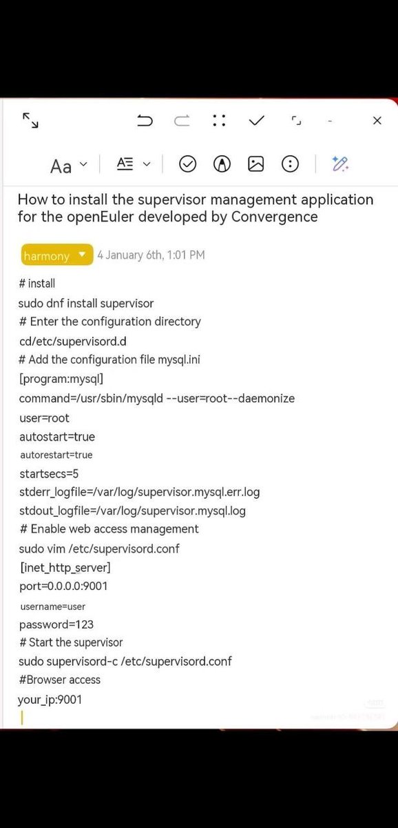 LivingInHarmony's tweet photo. 'Installing supervisor to manage openEuler on HarmonyOS PC. Install supervisor on openEuler for HarmonyOS PC, configure the applications you need to manage , and then you can use the supervisor web interface to manage and operate all subsequent applications,...'
#CDE #HiShell https://t.co/NRqTAq92c4