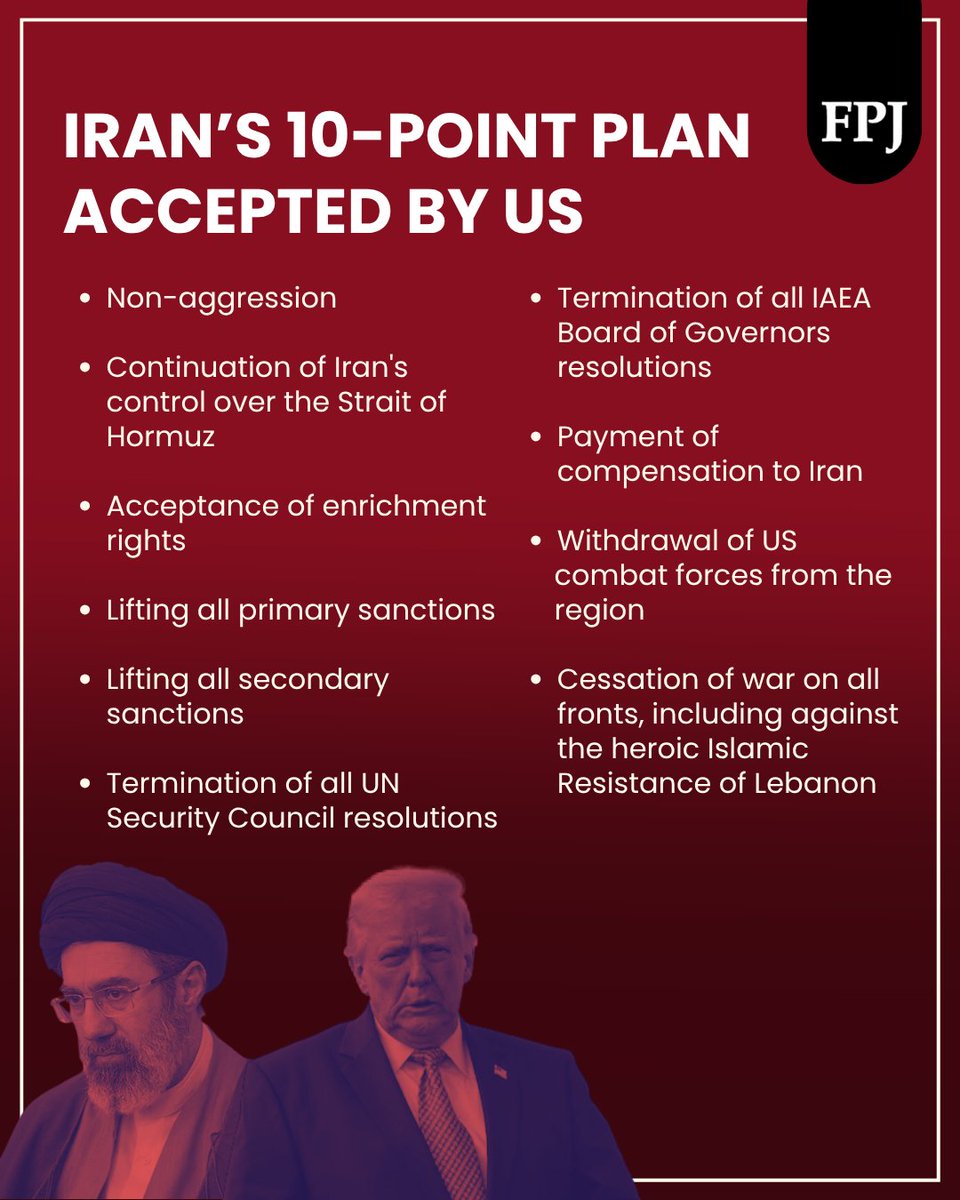 fpjindia's tweet image. #USIranCeasefire | Iran's 10-Point Conditions That US Has Accepted As 'Workable'

Read more: freepressjournal.in/world/what-are…

#Irannews #Ceasefire #DonaldTrump #StraitOfHormuz