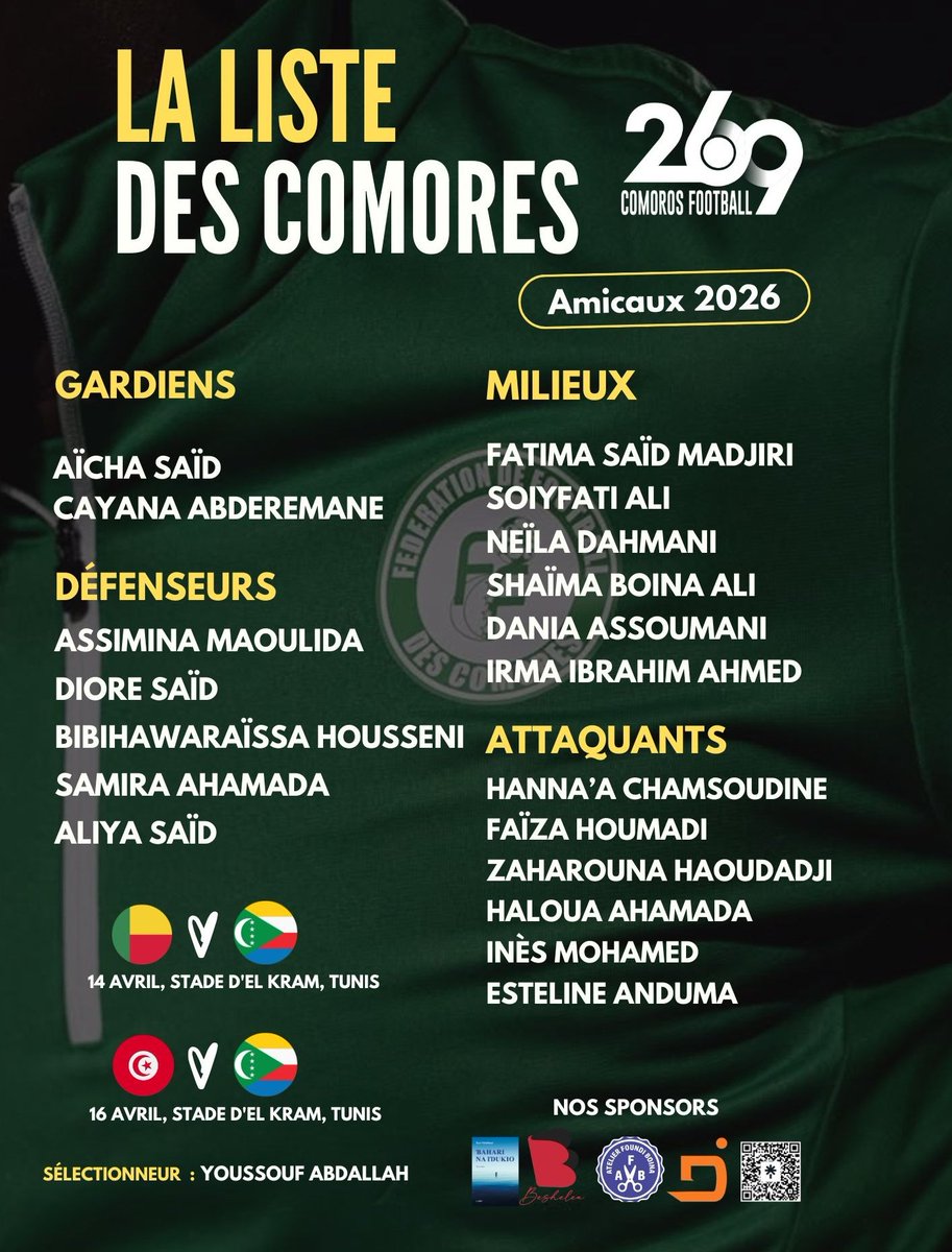 ComorosFootball's tweet photo. 🇰🇲 La première liste du nouveau sélectionneur Youssouf Abdallah pour les deux matchs amicaux des Cœlacanthes féminines, prévus à Tunis contre le Bénin et la Tunisie, les 14 et 16 avril. https://t.co/CyyrEFDp3i
