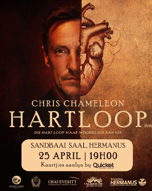 HERMANUSguide's tweet photo. Kry nou jou Kaartjies HERMANUS | CHRIS CHAMELEON | HARTLOOP, Sandbaai saal | 25 April: https://t.co/Dhryvtsg76 https://t.co/A6FcWG4w5w