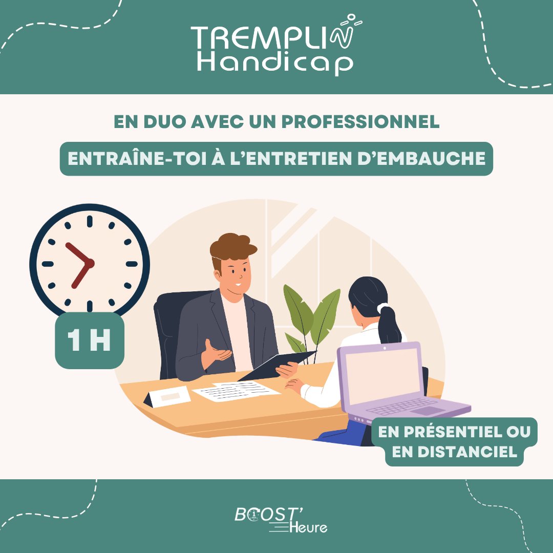 TREMPLIN_HANDI's tweet image. Prépare ton entretien avec Boost’heure 💼
Entraînement en duo avec un professionnel pour gagner en confiance et valoriser tes compétences.
Inscription ici : forms.cloud.microsoft/e/FuQnVHP62Y
#handicap #emploi #inclusion