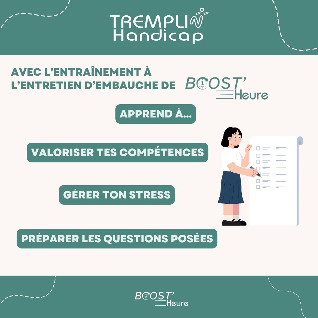 TREMPLIN_HANDI's tweet image. Prépare ton entretien avec Boost’heure 💼
Entraînement en duo avec un professionnel pour gagner en confiance et valoriser tes compétences.
Inscription ici : forms.cloud.microsoft/e/FuQnVHP62Y
#handicap #emploi #inclusion