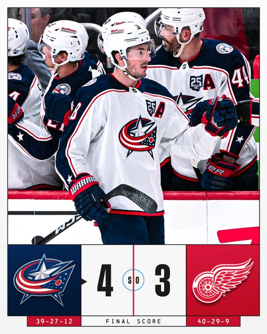 parkerandtheman's tweet image. Zach Werenski from Grosse Pointe North AND #UM scored the SH00T0UT winner past Gibson at LCA. #BJax get 2 points while #RedWings have to settle for one.  So, Detroit has 89 and Columbus 90.  THIS is going to the friggin` WIRE for a dang #NHL Cup playoff spot.  #Flyers in Thursday