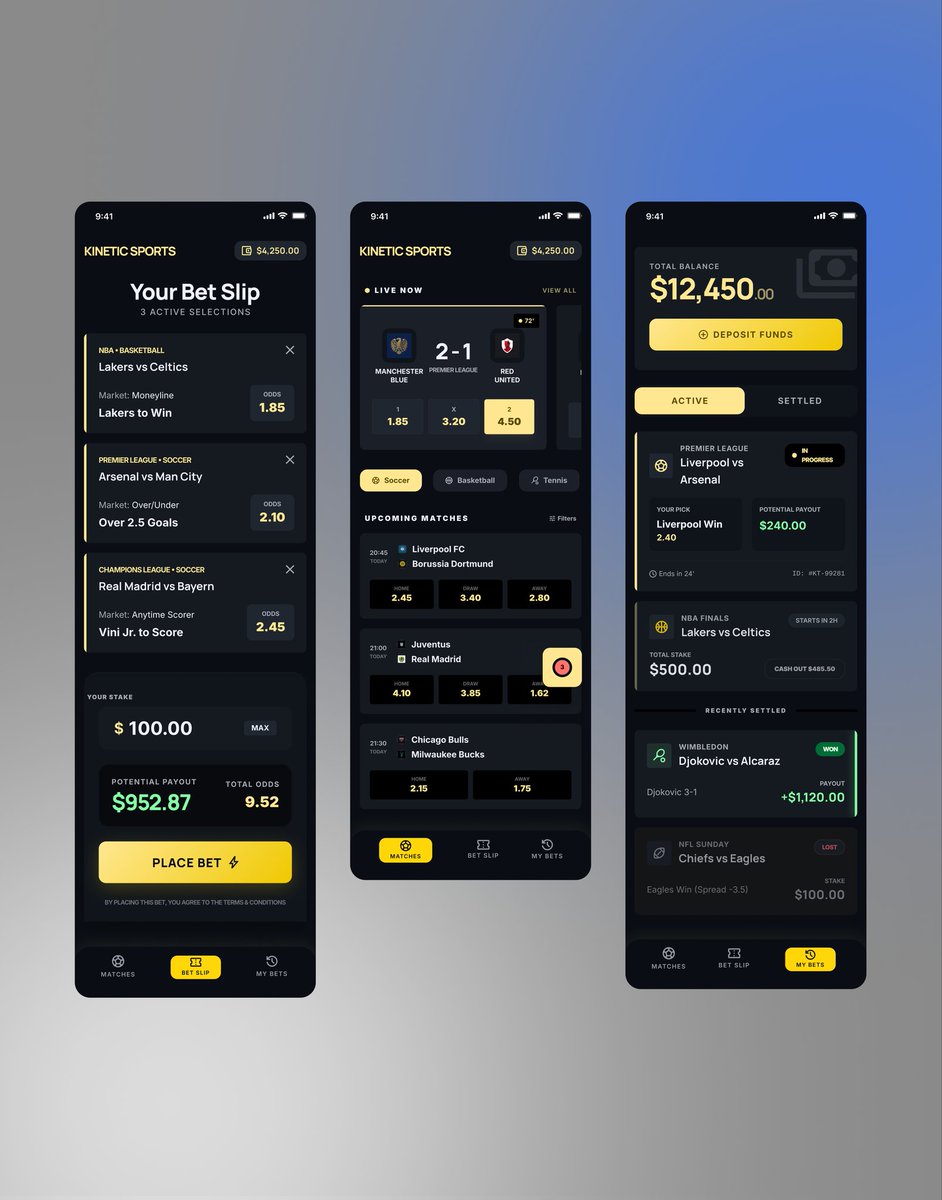 Just dropped Kinetic Sports— a mobile betting experience designed for speed &amp; clarity 🏆

Dark mode. High-contrast actions. Instant scan-ability. 
Three flows: Bet Slip → Live Matches → My Bets. Every pixel built for real-time decisions with real money on the line.