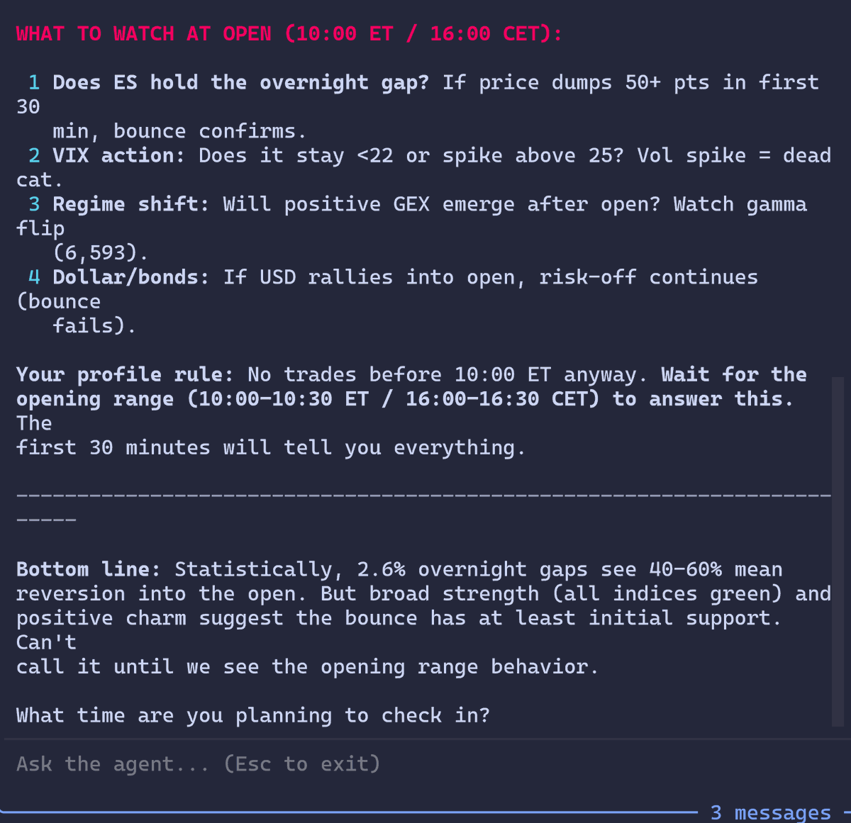 zer0dte_ai's tweet photo. Bottom line from the agent: "2.6% overnight gaps see 40-60% mean reversion into the open."

It even knows my personal rule — no trades before 10:00 ET. Waits for the opening range with me.

20 MCP tools. Free beta at https://t.co/kfvew6uWny https://t.co/OozW4ffHe2