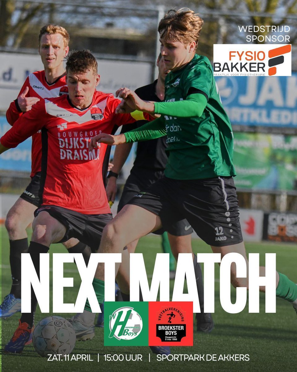 vvHvB's tweet photo. Next Match!! Heerenveense Boys 1 neemt het aanstaande zaterdag op tegen Broekster Boys 1. Wedstrijd sponsor is Fysio Bakker. De aftrap zal zijn om 15:00 uur op sportpark de Akkers https://t.co/v3LNjcwl1W