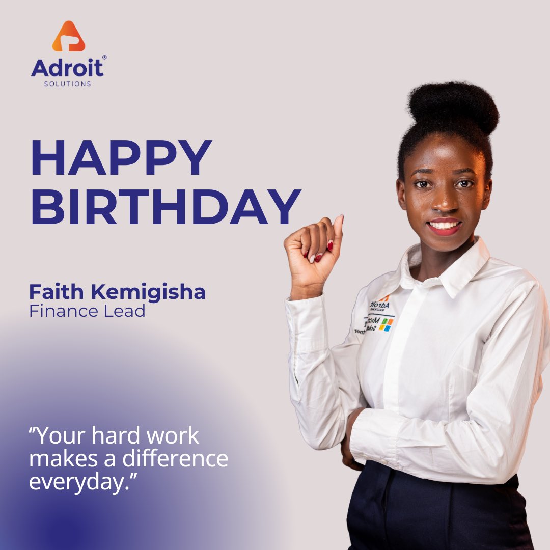 Adroit Solutions Limited wishes our very own Finance Lead, Faith Kemigisha, a very happy birthday!  Your dedication and leadership inspire us every day. Here’s to a year filled with success, growth, and joy! #AdriotSolutionsLimited #HappyBirthday #LeadershipInAction