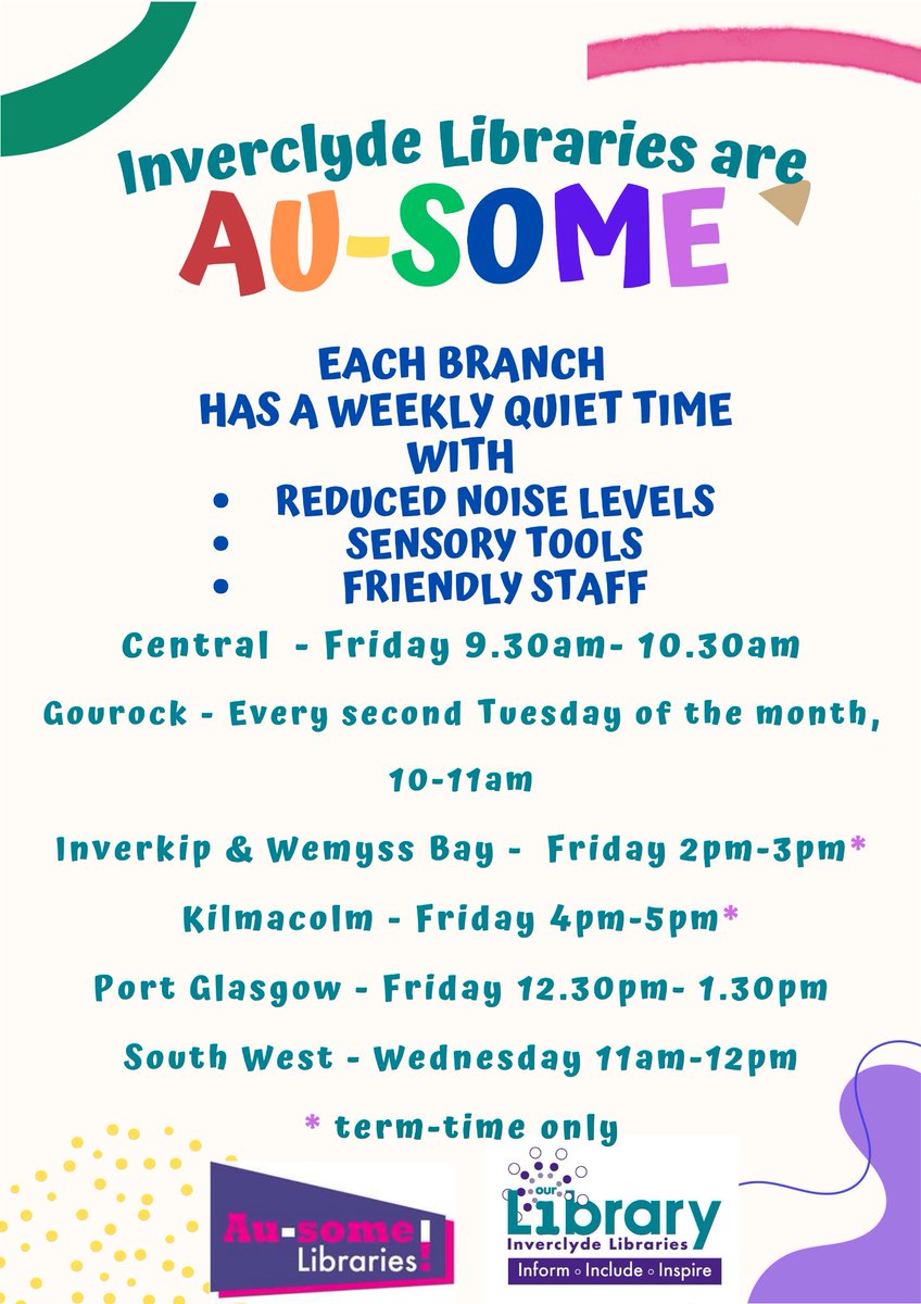 InverclydeLibs's tweet photo. Inverclyde Libraries are celebrating #WorldAutismAcceptanceMonth.
We have noted times when our libraries may be a little quieter than usual, plus all our branches are Makaton Aware and have sensory tools. Our friendly staff are always happy to help. #itshowyoushowup
There’s a link to autism related books in our catalogue here: https://t.co/PM5iorVFIA
#NationalYearOfReading2026
@AutismScotland 
@discinverclyde @inverclyde