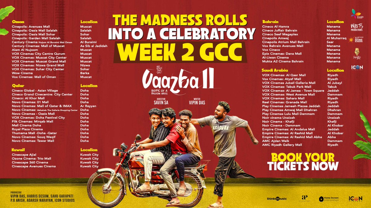 homescreenent's tweet photo. Vaazha Boys are expanding their territory! ๐ด๐ฅ๐ฅณ
#Vaazha2
More shows. More locations across UAE & GCC.
Check the updated theatre list here.
#VaazhaII #vaazhamovie #vipindashb #SavinSA #HarrisDesom #anishpbharath #ImaginCinemas #wbtsstories #adarshnarayan #amalpaulson #SahuGarapati #ShineScreensCinema #IconCinemas #signaturestudios #hashireeeeeee #ajinjoi #vinayakkvv #actorvijaybabu #puthrenalphonse #sudheeshactor #ameenal #Innydivakaran #vvipink #10gmedia