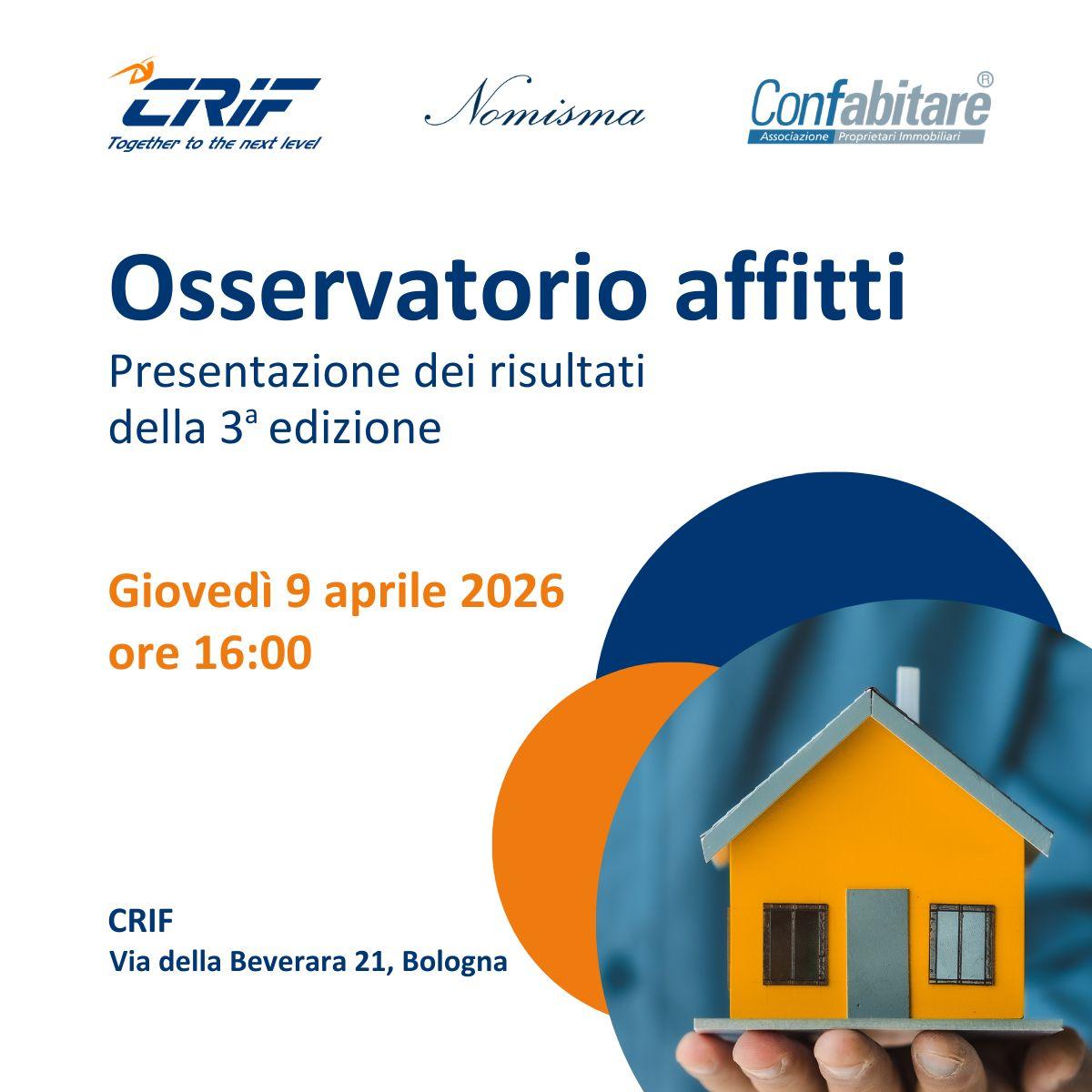 Cosa sta davvero cambiando nel mercato degli affitti in Italia?
Per scoprirlo partecipa alla presentazione dei risultati della 3° edizione dell’Osservatorio Affitti, l’analisi condotta da Nomisma per conto di CRIF e in collaborazione con Confabitare.