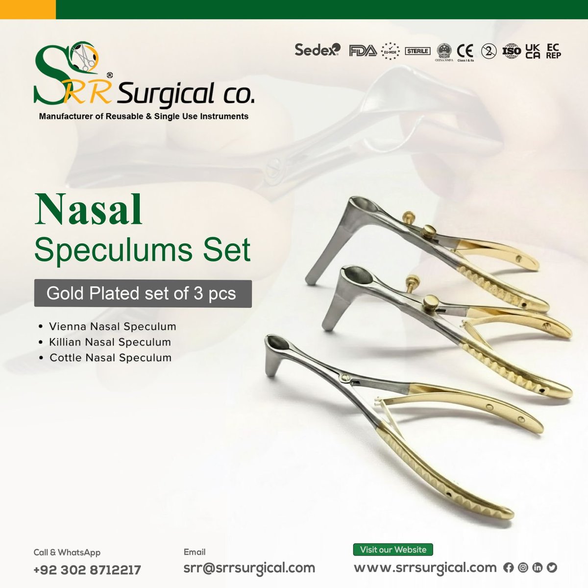 srr_surgical's tweet photo. Nasal Speculums Set – Gold Plated, 3 pcs by SRR Surgical
Accurate, durable &amp; reliable instruments for ENT procedures.

🌐 https://t.co/8tFjQm2OcV
#SRRSurgical #NasalSpeculum #ENTInstruments #SurgicalInstruments #Healthcare https://t.co/Yf9cXUIqTy