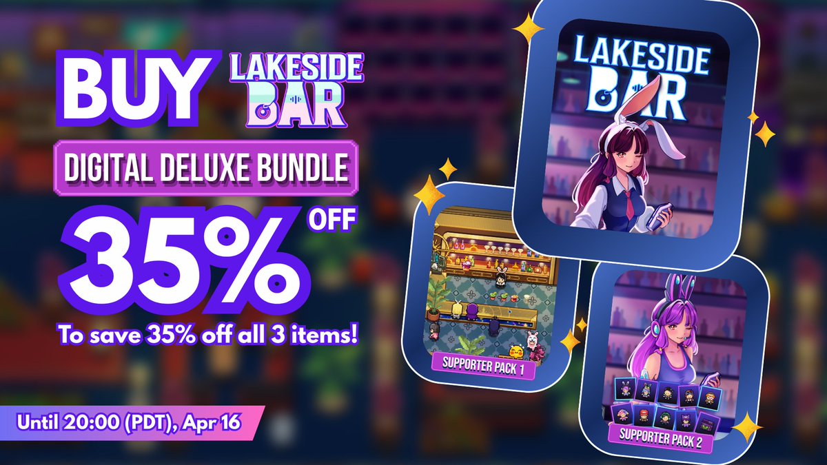 Bitcover_Studio's tweet photo. 35% OFF – Lakeside Bar Digital Deluxe Bundle!

🎁 Get the complete Lakeside Bar experience, including the Base Game and both Supporter Pack 1 & Supporter Pack 2
⏰ Limited time until Apr 16 (20:00 PDT)
Don’t miss out!

▶️ Follow us for more updates & upcoming project: https://t.co/DUlPXsv9L6
😍💖 Thanks again for your support, and we hope you enjoy the sale!