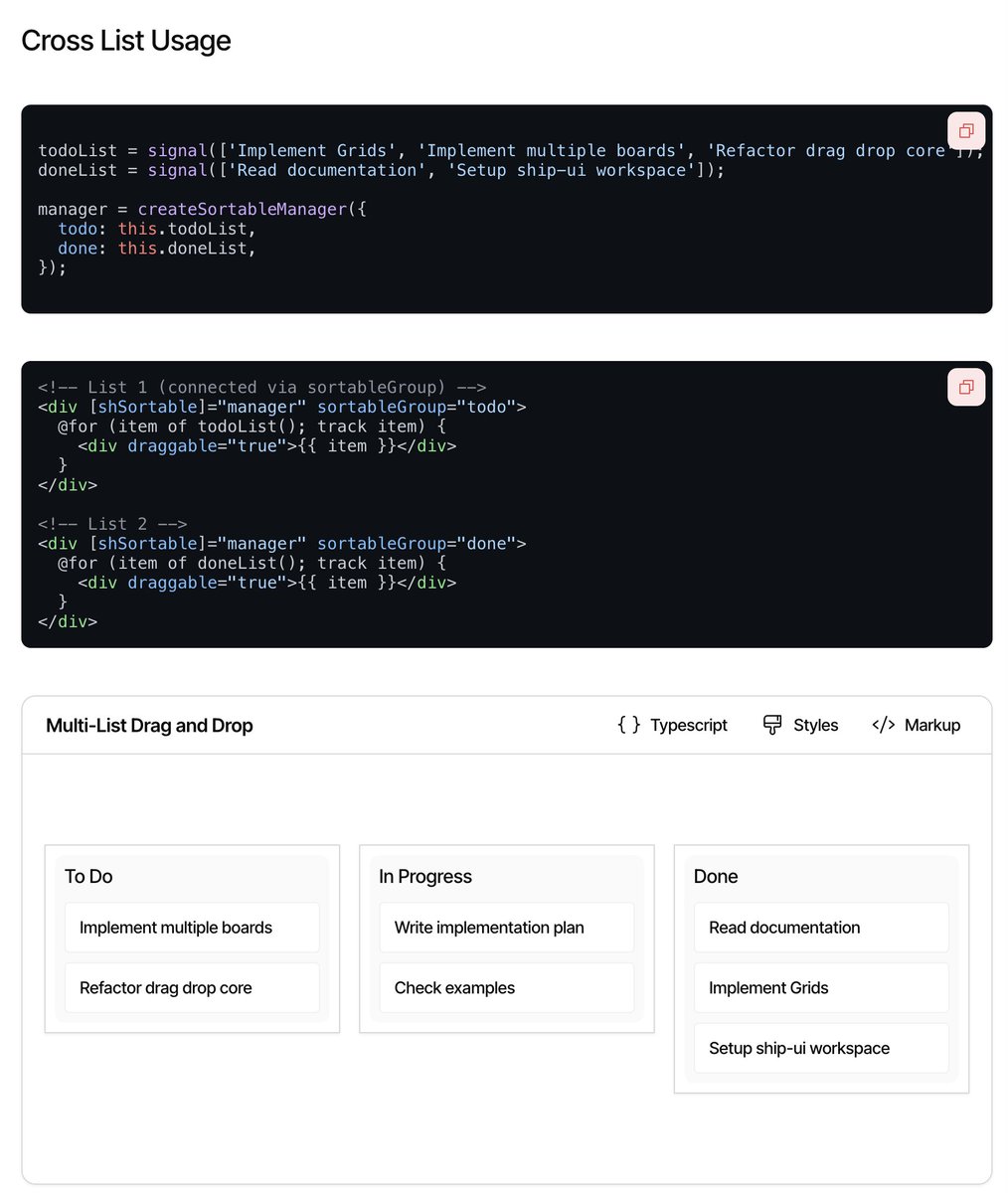SimonBitwise's tweet photo. In ⛵️ ShipUI we made a multi list sortable I like how the API turned out 

#angular #shipui #uilibrary #ui #webdev https://t.co/EYntr3msZo