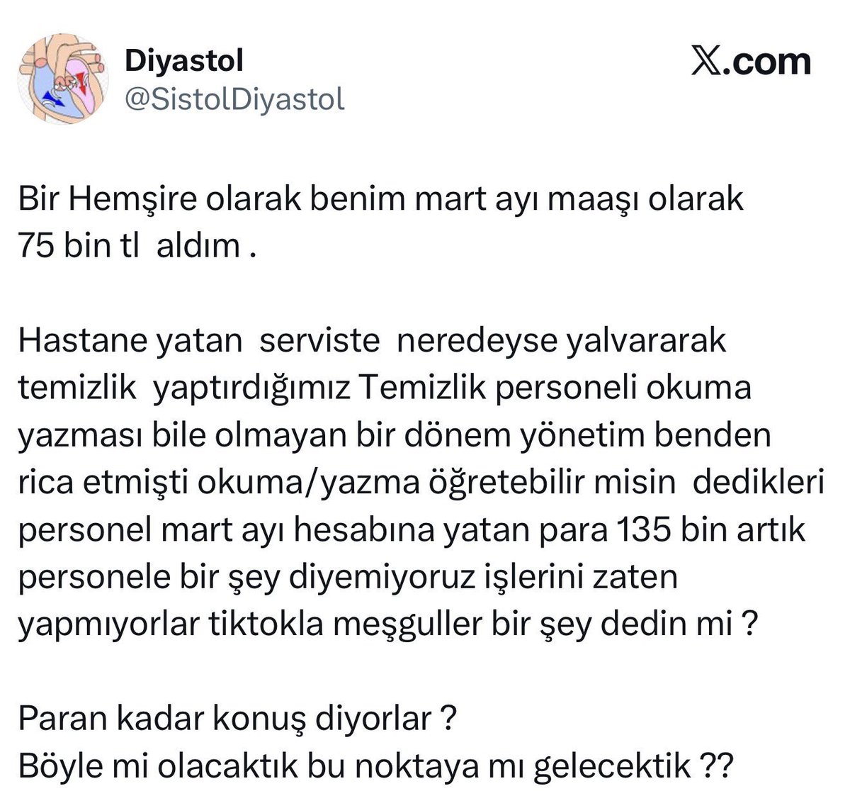 Bakın bu işi asgari ücretle yapacak milyonlarca insan var ama kendilerine kadro verilip maaşları hemşireden daha fazla almaya başlayınca iş yapmamaya başladılar.

Kamu düzeni şart!