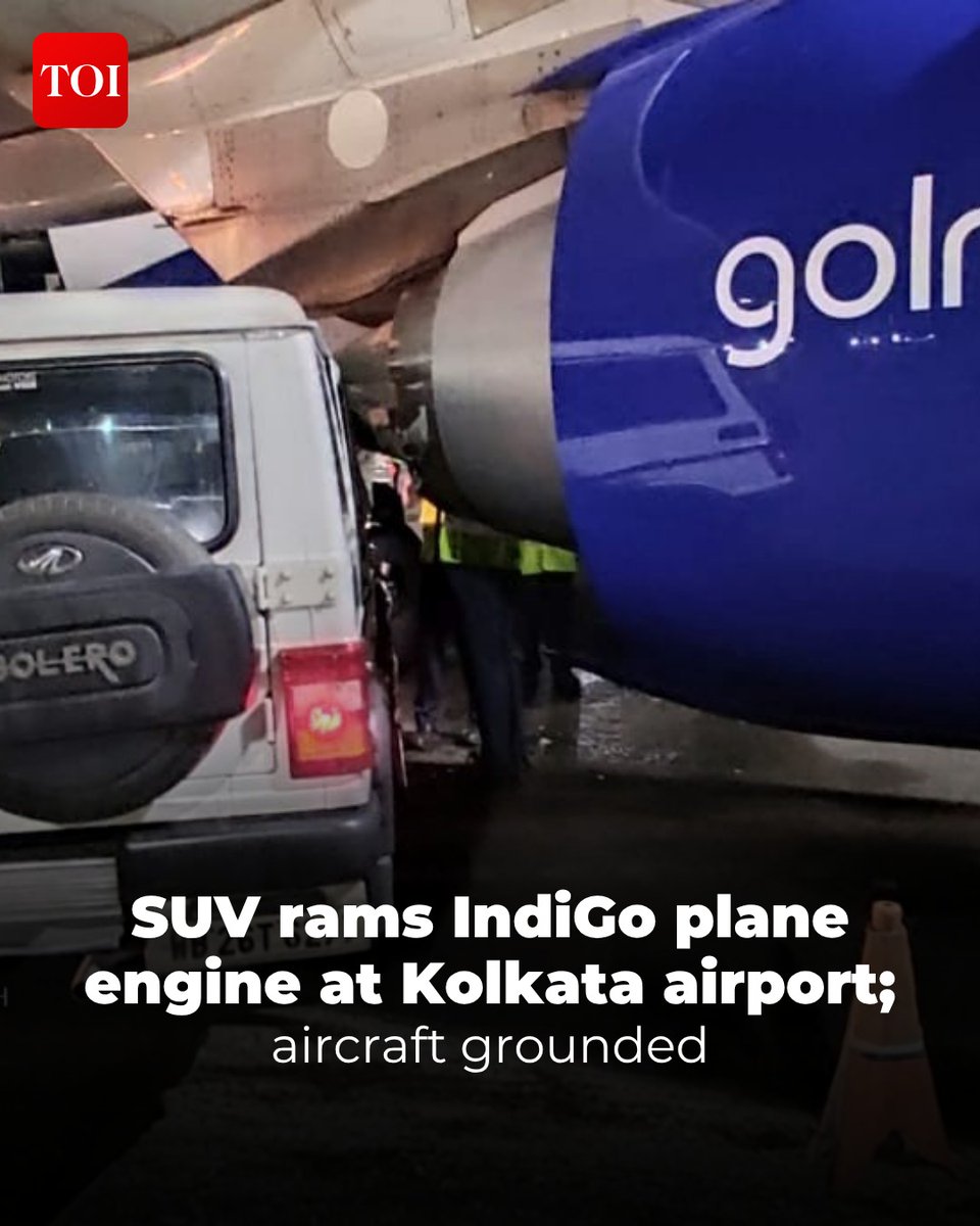 timesofindia's tweet image. An #IndiGo A320 aircraft at #Kolkata airport sustained damage to its right engine when an Oberoi catering vehicle collided with it on Tuesday night. The airline's engineers are assessing the extensive damage, which is expected to ground the aircraft for several days. An inquiry