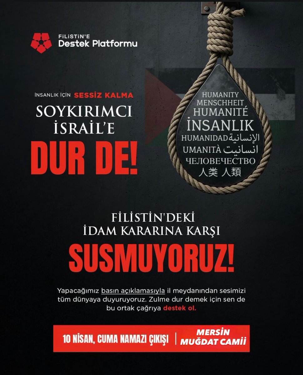 omrsyhn's tweet photo. 🇹🇷 🇵🇸 İnsanlık İçin Sessiz Kalma 🇵🇸 🇹🇷

Filistin’deki İdam Kararına Karşı Susmuyoruz

📍 Muğdat Camii
🗓 10 Nisan 2026
⏰ Cuma Namazı Çıkışı

Tüm eş, dost ve çocuklarımızı bekliyoruz. https://t.co/y6RnRQLFk2