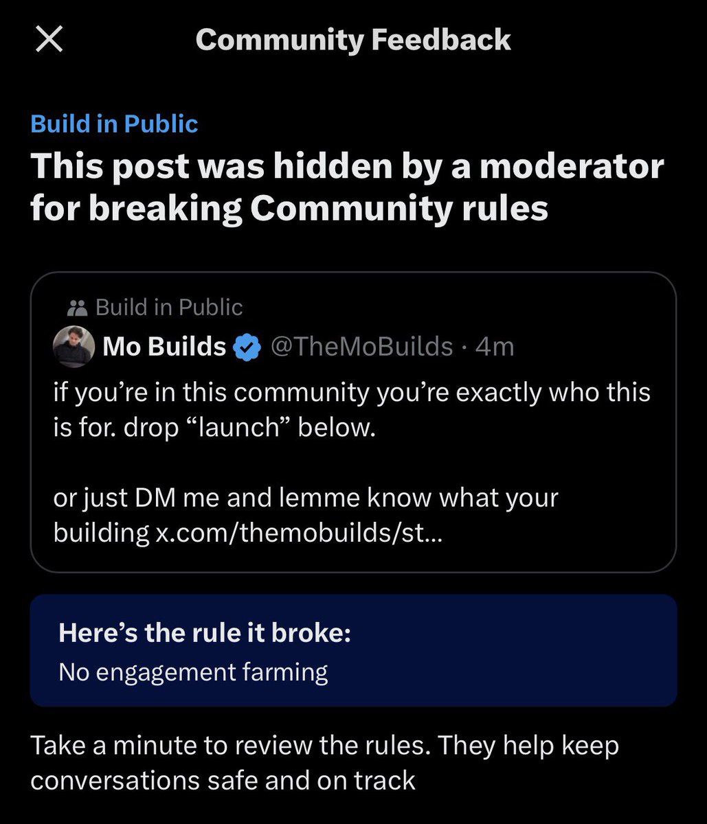 TheMoBuilds's tweet photo. got moderated for trying to give builders free creator marketing campaigns 😂

if you’re building something cool and struggling to get users, DM me. I’ll explain what we’re putting together at https://t.co/cPa5a7rHaZ https://t.co/S0PMBE9FES