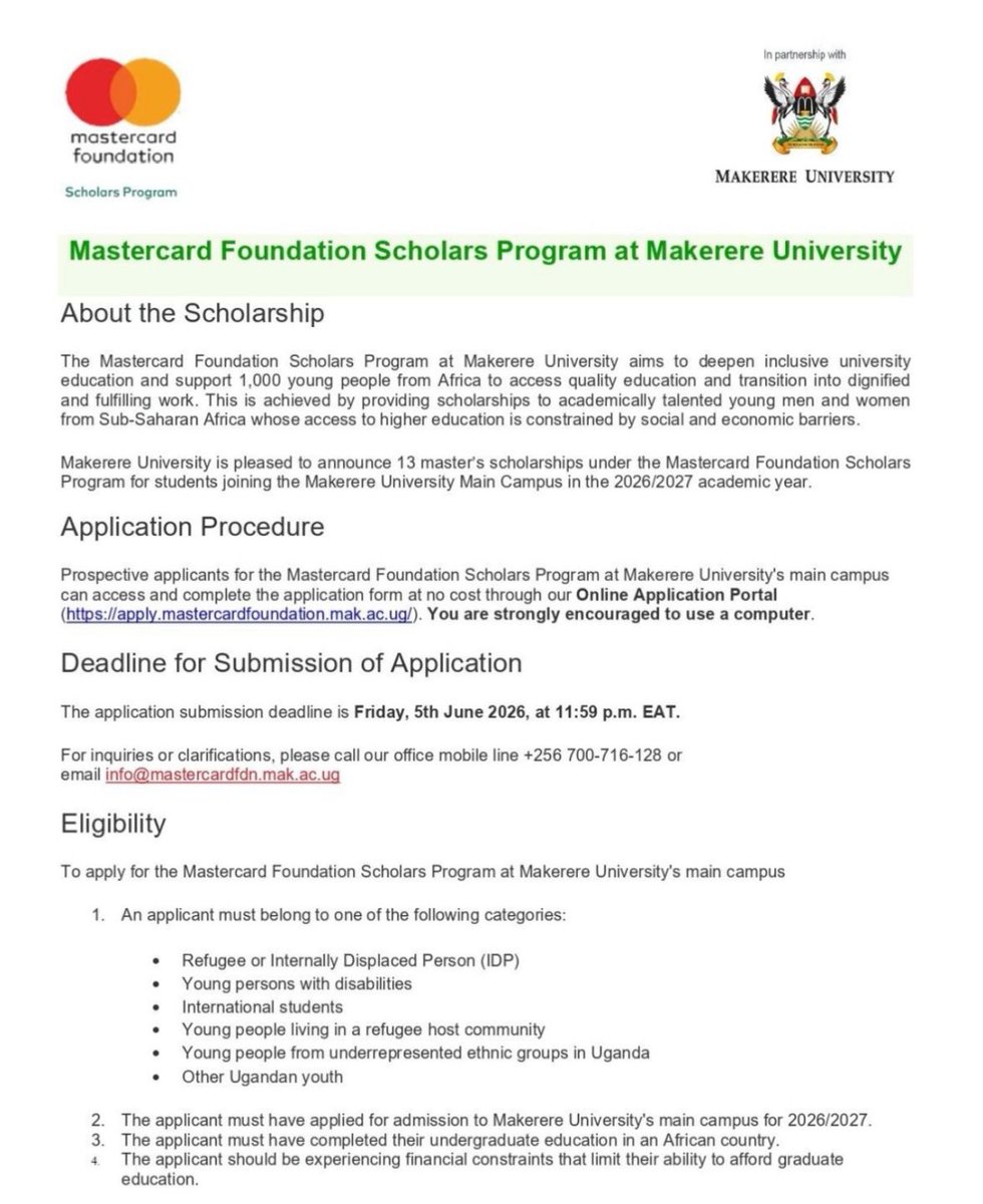 Fully funded Mastercard Foundation Scholarships for Bachelor’s and ...