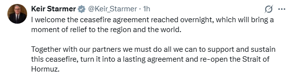 ITGGlobal's tweet image. The UK welcomes the overnight US-Iran ceasefire, calling it a moment of relief for the region and the world. Officials stress working with partners to sustain the truce, aim for a lasting deal, and reopen the Strait of Hormuz. 

#USIranCeasefire #MiddleEastPeace #StraitOfHormuz