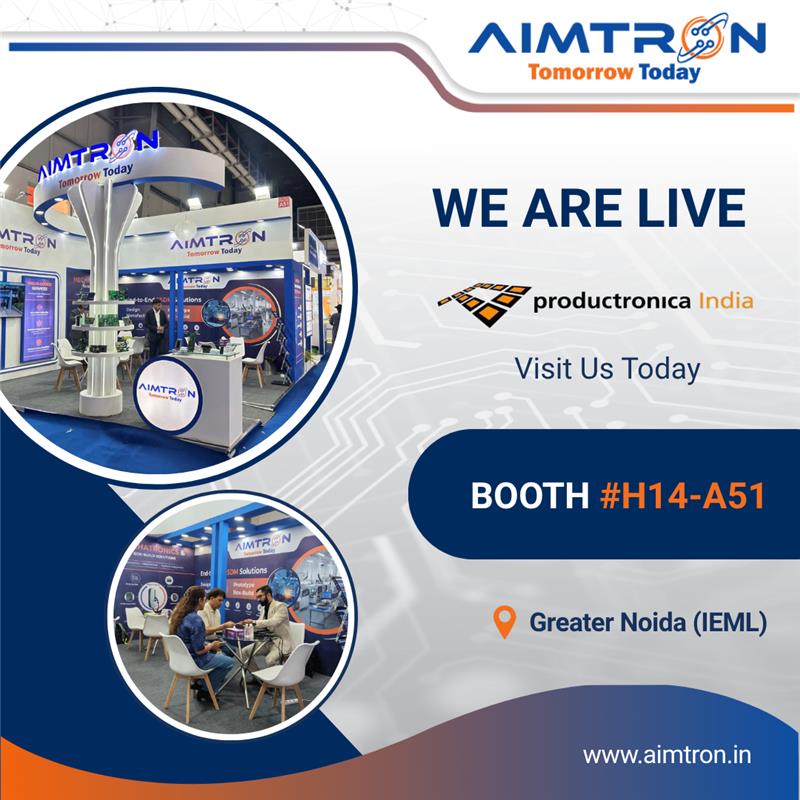 aimtronindia's tweet photo. We’re LIVE at #ProductronicaIndia 2026!

Day 1 is here—visit #Aimtron at Booth H14.A51, Greater Noida (IEML), Apr 8–10.

Explore:
• Product Design &amp; Engineering
• #PCBAssembly &amp; #BoxBuild
• Integrated #ElectronicsManufacturing
Meet us or book a slot: https://t.co/Kp8t12iVwe https://t.co/J7uzNt6sZt