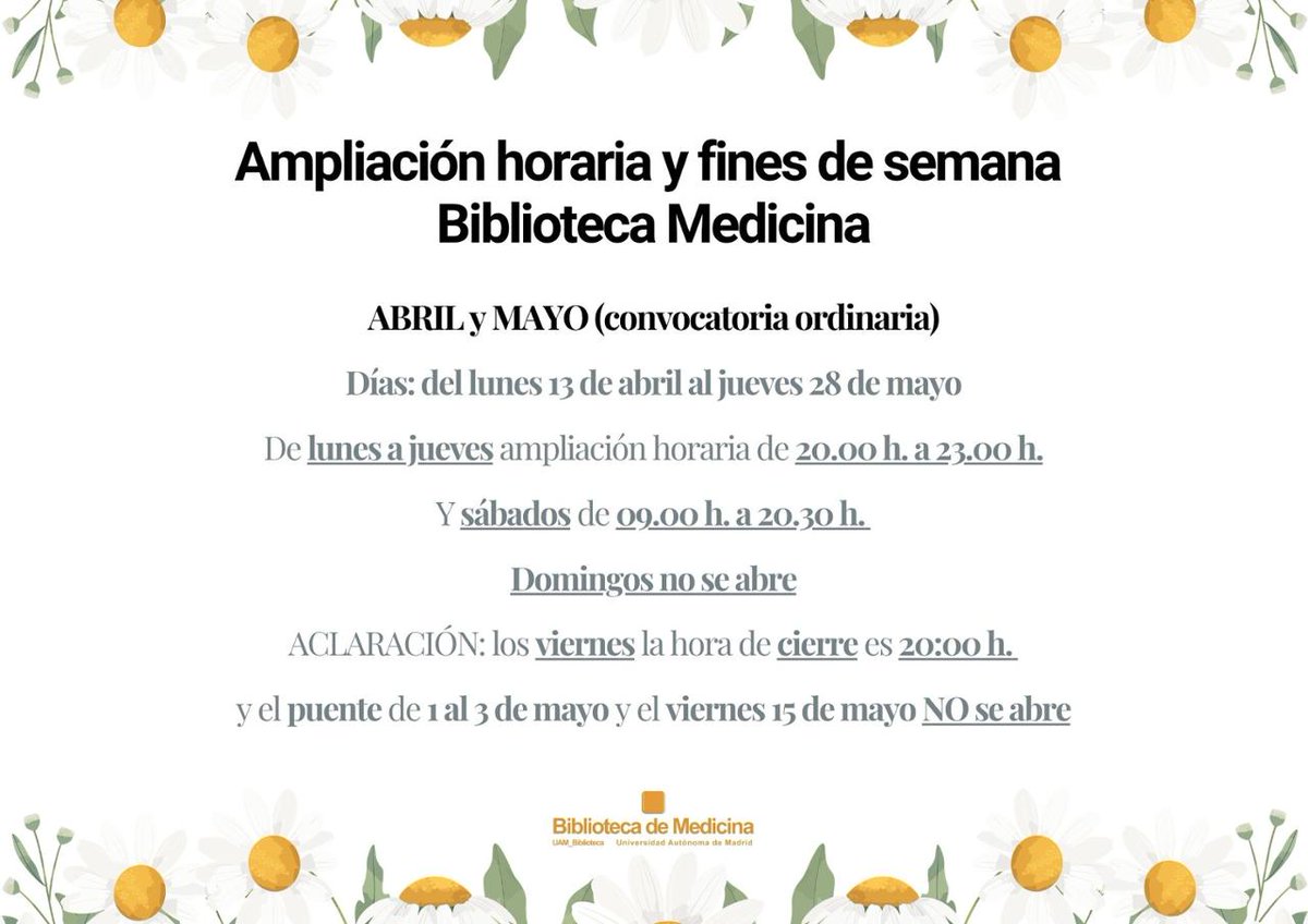 UAM_Biblioteca's tweet photo. Apertura Extraordinaria Primavera 2026 #BibliotecadeMedicinaUAM @UAM_Medicina  https://t.co/JB0qE4r3lU https://t.co/sYNvwZ8uz3