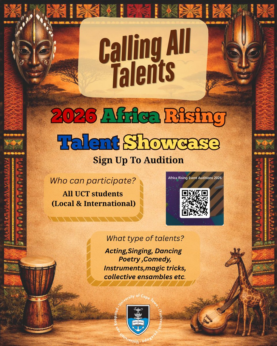UCTGlobal's tweet image. The UCT International Office is inviting all UCT students,  local and international to audition and showcase their unique talents. Scan the QR code to sign up  or use the following link forms.office.com/r/SgiWuQcf7v 
#UCT #AfricaRising #TalentShowcase #CallingAllTalents #StudentTalent