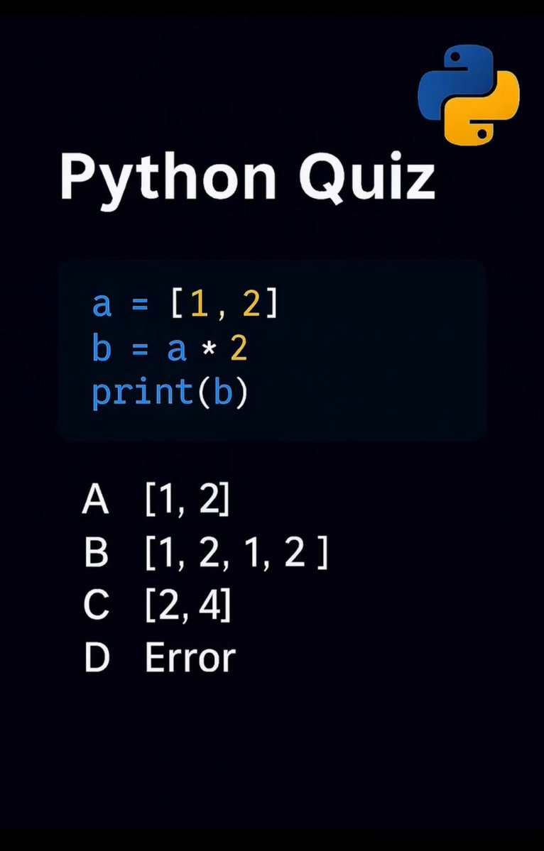 Python_Dv's tweet image. 🤔🚀 Comment your answer 👇👍⚡

#Python #PythonQuiz #CodingQuiz #CodingChallenge #ProgrammingPuzzle #TestYourKnowledge #DailyCodeQuiz #PythonTips