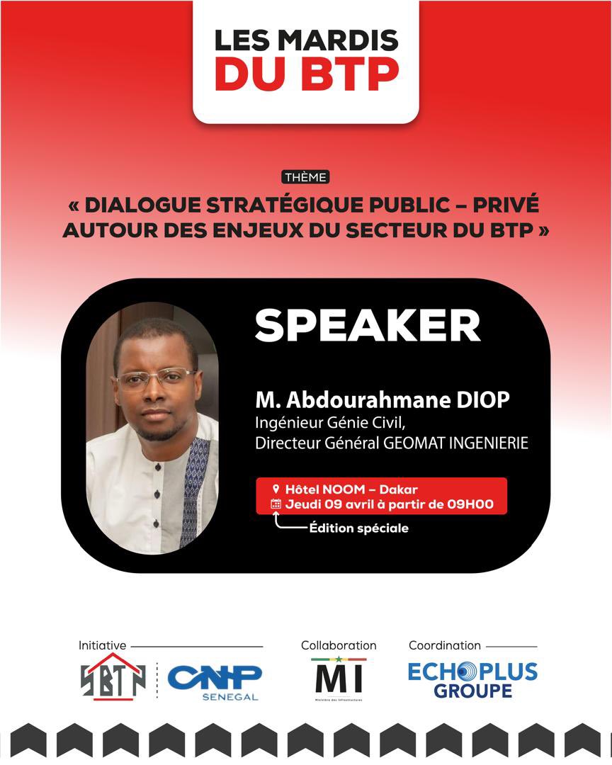 Abdourahmane580's tweet photo. Je serai paneliste sur le thème 1 «De l'exécution à la livraison des chantiers : le triptyque Coût - Délai - Qualité à l'épreuve du terrain» ce jeudi 09 avril à partir de 09h au NOOM hôtel. https://t.co/smy3RvYyrj