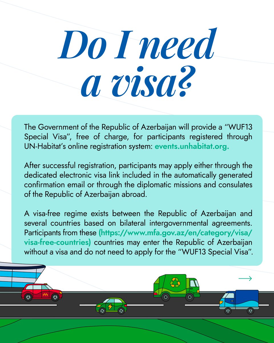 We are getting closer to the 13th session of the World Urban Forum in Baku.

Secure your place and take part in the global conversation on cities: events.unhabitat.org

#WUF13 #WUF13Azerbaijan #Baku2026 #WorldUrbanForum