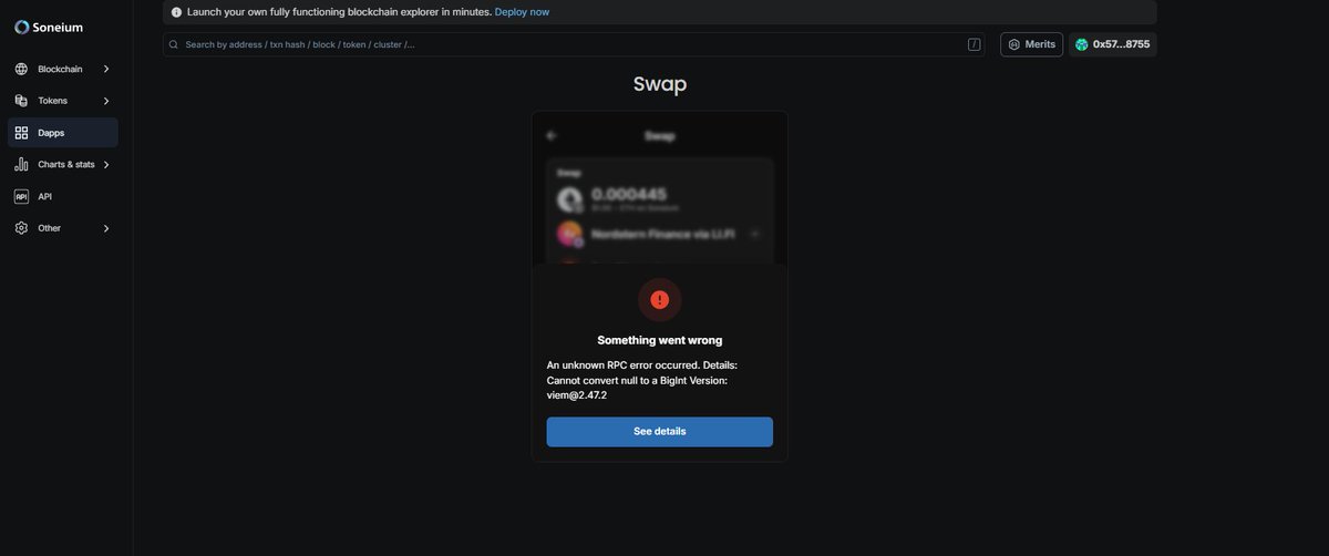 ak93c's tweet photo. @blockscout @soneium My actions aren't being counted, new transactions aren't appearing in my swap history, and I'm frequently getting this error: https://t.co/93cJmRFgp9