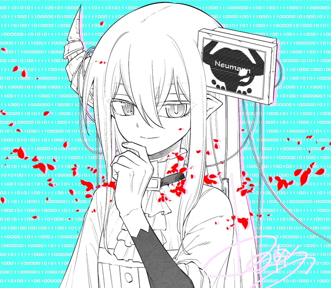 リィンの裏話① アニメ第一輪放送の特別イラスト ノイマンの背景に並ぶ二進数はセリフになっており、 ノイマンが誰かとコーヒーの話をしています