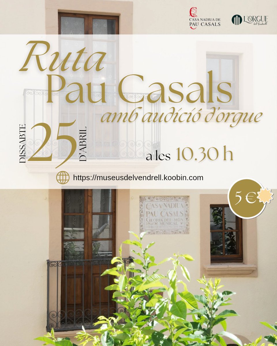 NadiuaPauCasals's tweet photo. Ruta Pau Casals amb audició d’orgue 🎻

📅 Dissabte 25 d'abril
🕐 A les 10.30 h
🎟️ 5 €
🌐 https://t.co/kim1uI8VYa
📍 Punt de sortida: Casa nadiua de Pau Casals

Us hi esperem!

#EstimemLaCultura #AnyPauCasals https://t.co/FpCC788TfX
