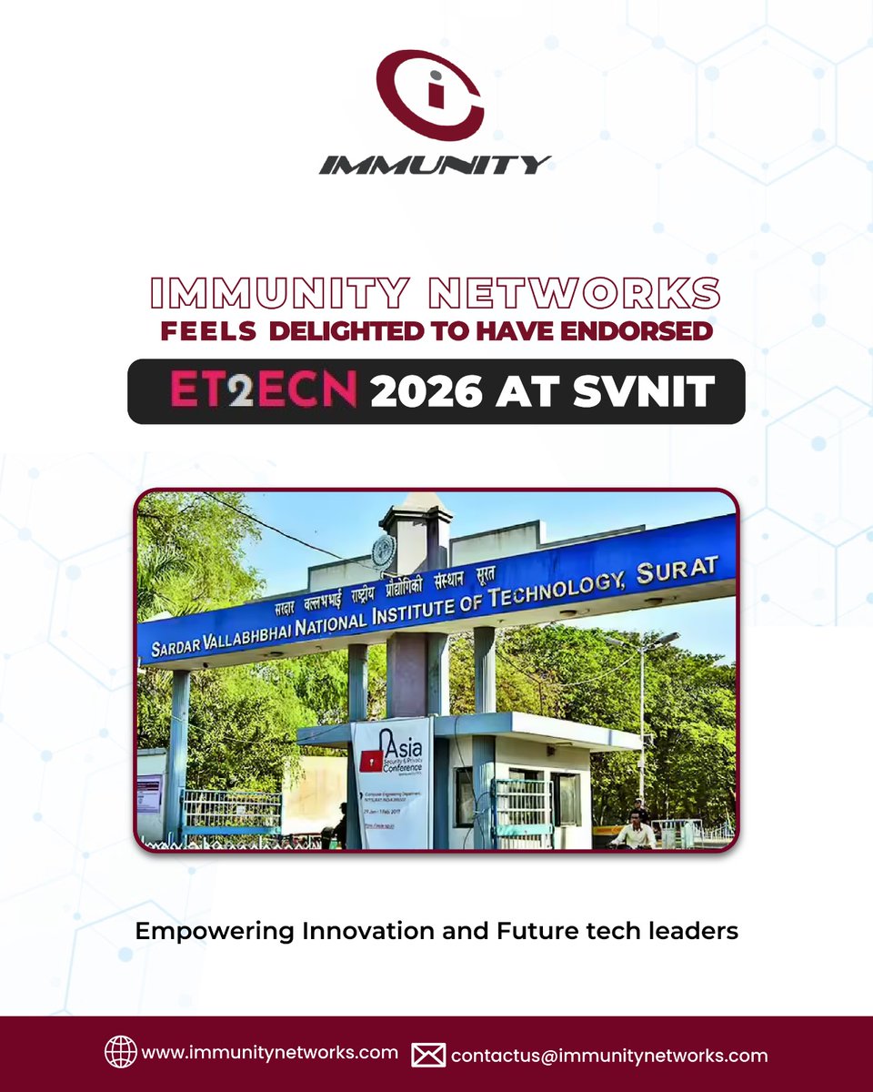 ImmunityNTPL's tweet photo. Immunity Networks is proud to have endorsed ET2ECN 2026 at SVNIT, Surat—a platform driving ideas, technology, and future-ready talent. 

Excited to support innovation and the next generation of tech leaders 🚀 

#ImmunityNetworks #ET2ECN2026 #SVNIT #TechInnovation #TechCommunity https://t.co/8DOsOSD4uf