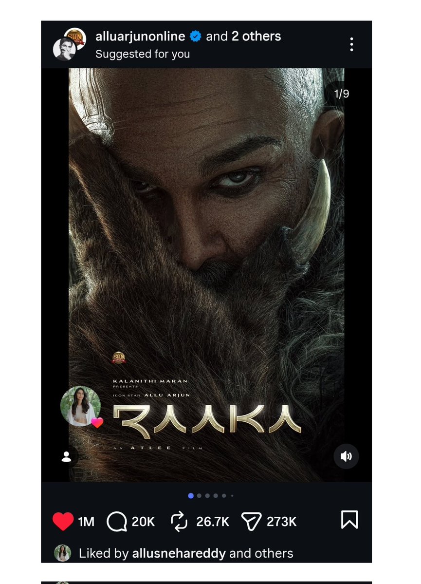 SumanthOffl's tweet image. #RAAKA title poster hits a MASSive 𝟭 𝗠𝗜𝗟𝗟𝗜𝗢𝗡 𝗟𝗜𝗞𝗘𝗦 on Instagram, achieving the FASTEST 1M in 1 hr 40 mins with a huge 275K shares and 25K+ retweets 💥

A RAAKA'S RAMPAGE ⚔️🥶
#HappyBirthdayAlluArjun #AlluArjun