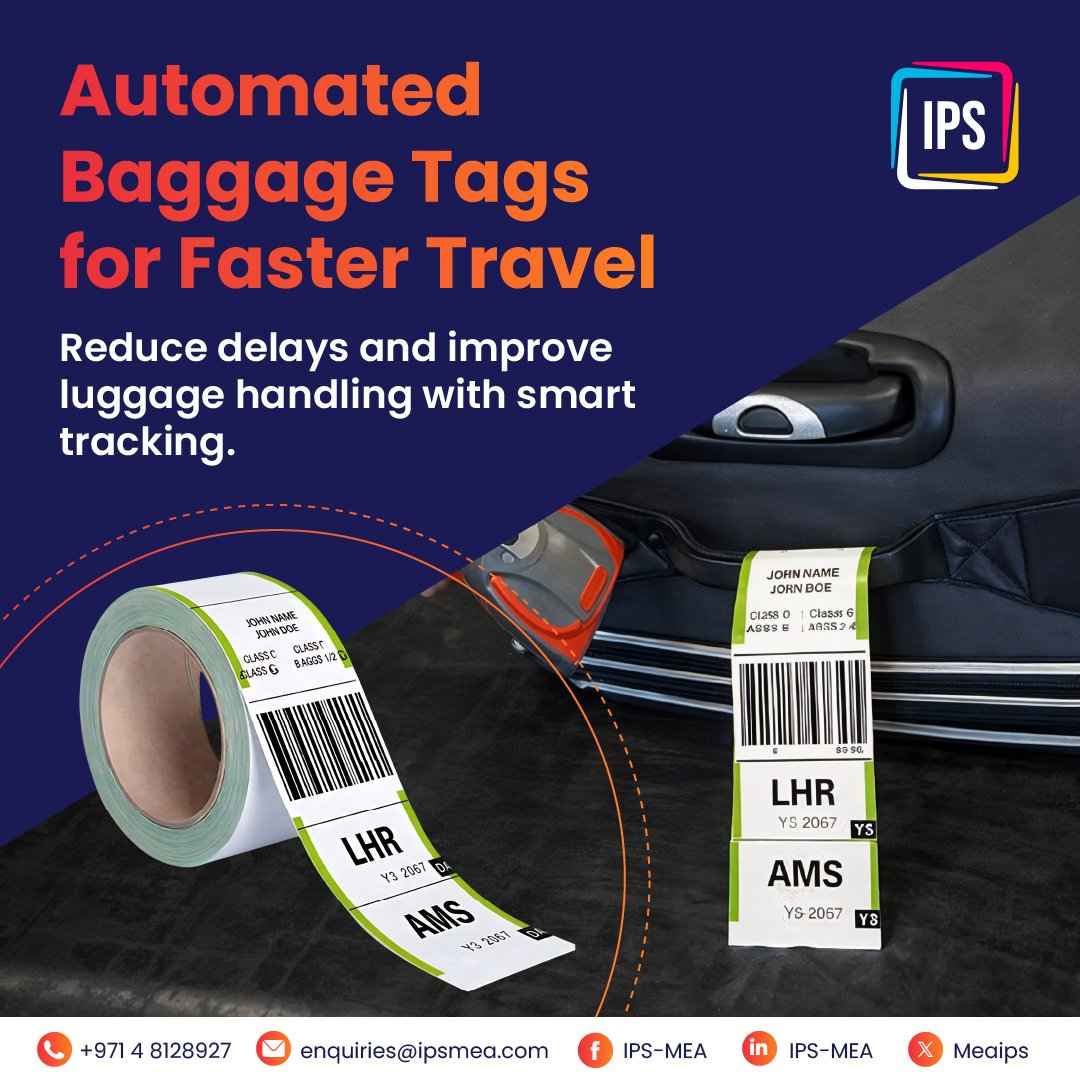 MeaIps's tweet photo. ✈️🏷️ Smarter Baggage. Faster Travel.

With IPS MEA Automated Baggage Tags, manage luggage with speed and accuracy.

✔️ Interline Tags
✔️ Limited Release Tags
✔️ Rush Tags
✔️ Point-to-Point Tags

Less errors. Faster handling. Better passenger experience. 🚀

#IPSMEA https://t.co/WJKfizbJk4