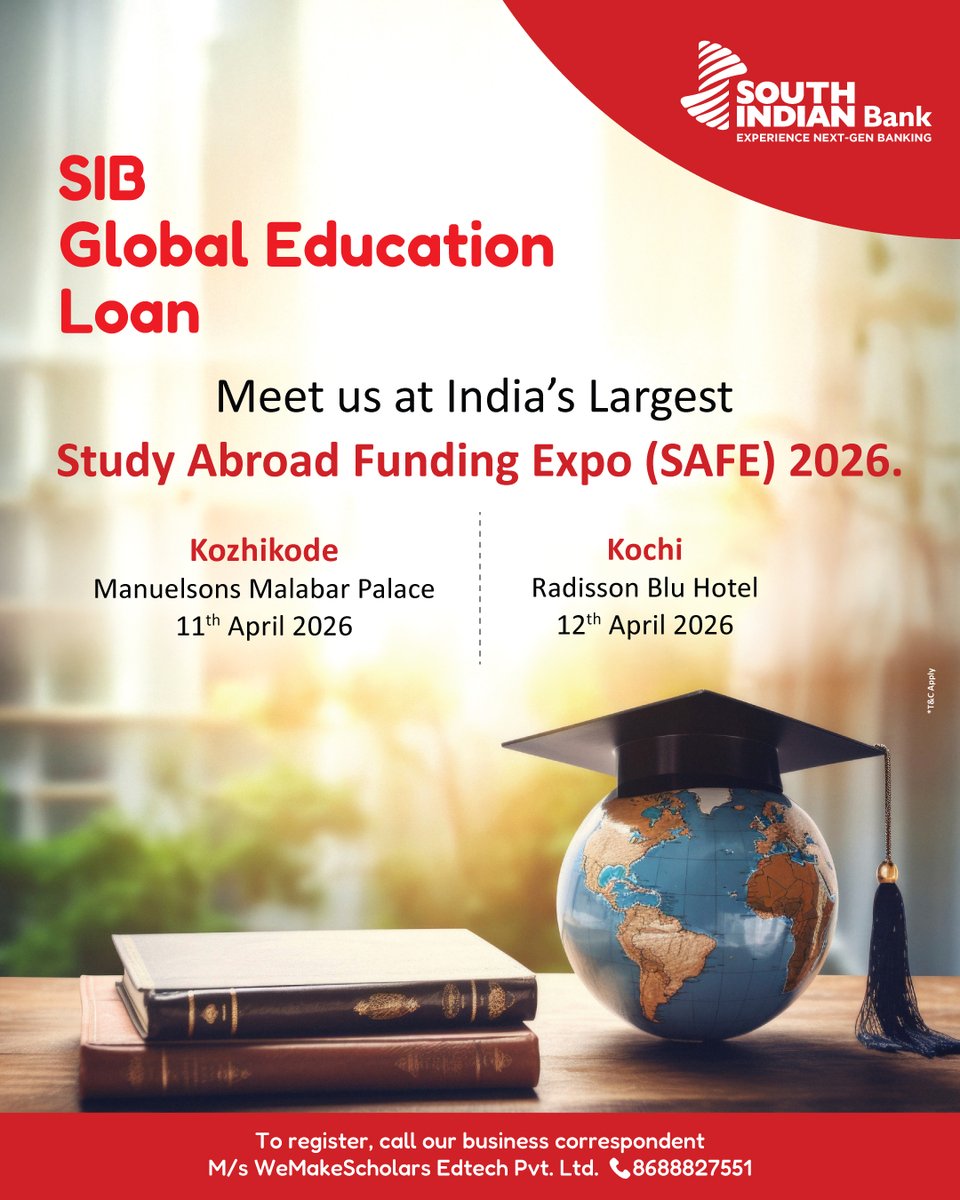 OfficialSIBLtd's tweet image. From campus dreams to global degrees 🌍🎓
Catch us at SAFE 2026 and explore the right education loan for your next big move.
Kozhikode | 11 April 2026
Kochi | 12 April 2026

#StudyAbroad #EducationLoan #StudyAbroadExpo #StudentLoan