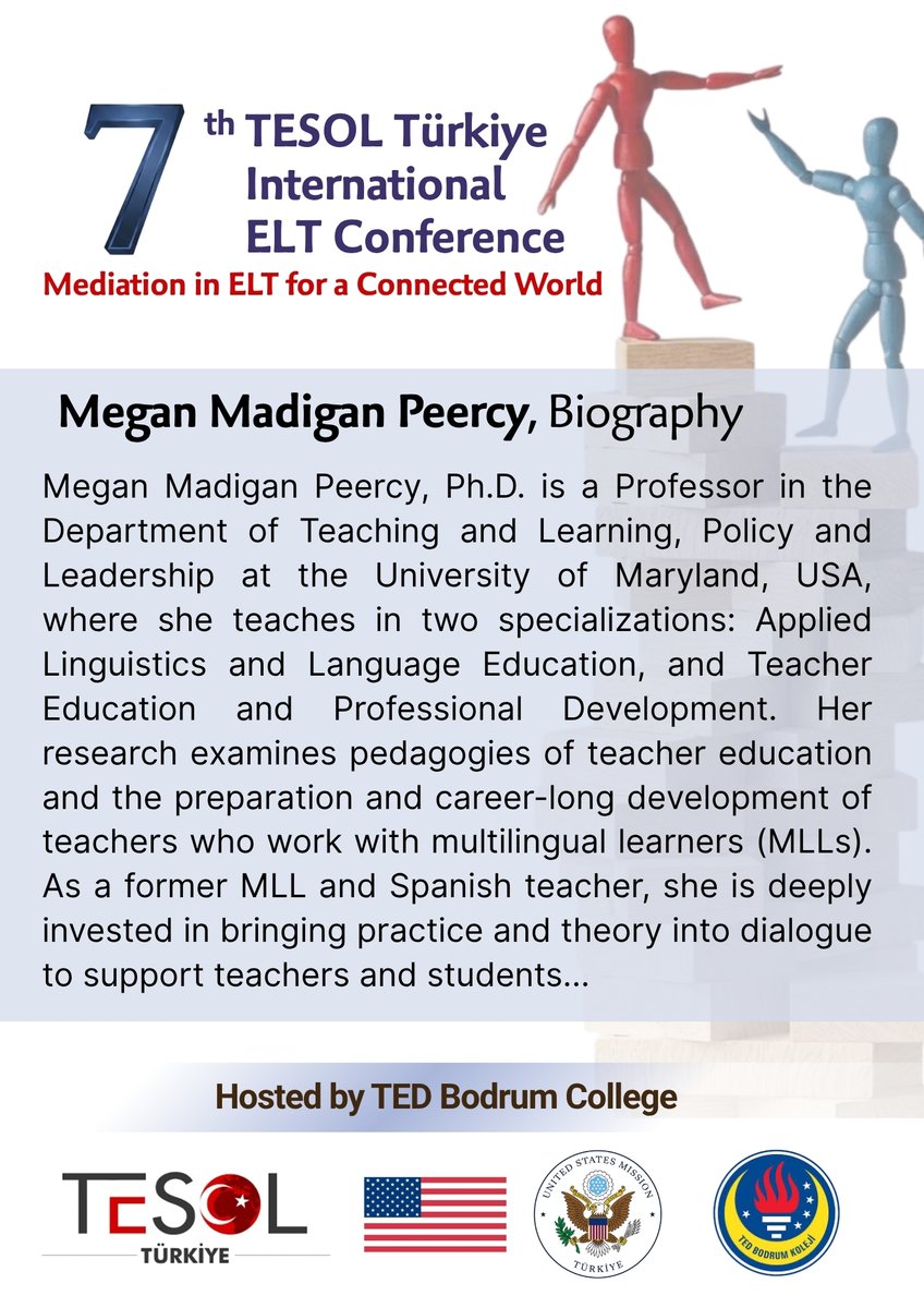 TesolinTurkey's tweet photo. We are honored to welcome Megan Madigan Peercy as a plenary speaker at the 7th TESOL Türkiye International ELT Conference! We would like to extend our gratitude to the U.S. Mission Türkiye for their sponsorship and contributions.

📅 May 15-16, 2026 | TED Bodrum College, Muğla https://t.co/81mNb1QZ5J