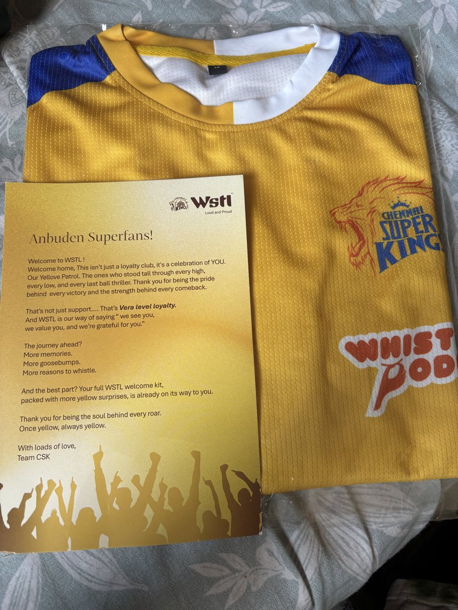 Cinema_Cricket_'s tweet photo. I have received the “WELCOME KIT” from @ChennaiIPL #WSTL program
1. Received a Vibrant yellow #Wstl jersey. Colour looks so good in real and quality is nice.
2. There was a note for super fans
Note: I was checking is there is something special. But that’s all 😂
Thanks for this @CSKFansOfficial
Do comment below, if all have started receiving this
#CSK #WhistePodu #AnbudenDiaries #Yellove #ChennaiSuperKings