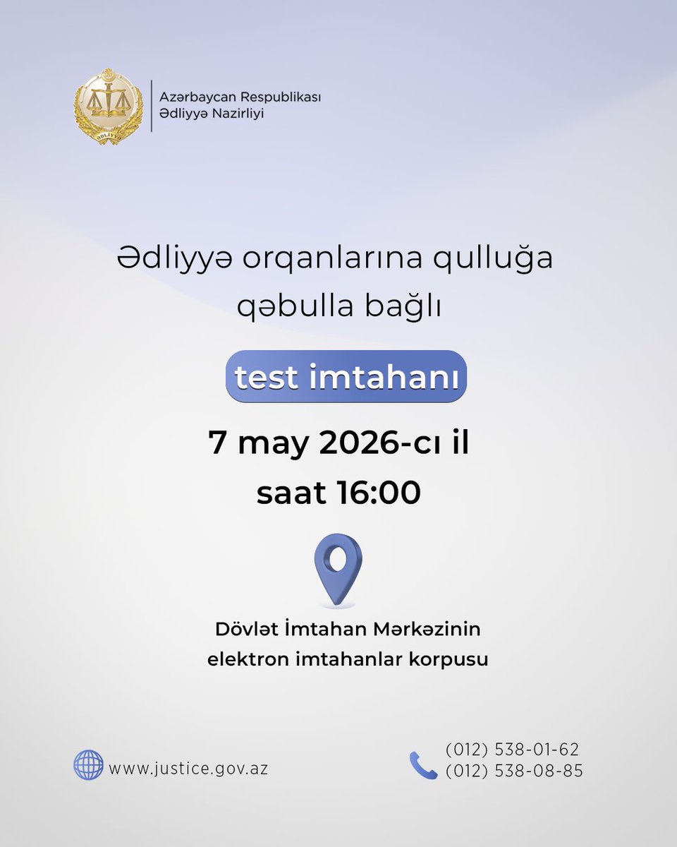 Ədliyyə orqanlarına qulluğa qəbulla bağlı müsabiqədə iştirak edən namizədlərlə may ayının 7-də test imtahanı keçiriləcək.

Ətraflı: justice.gov.az/az/announcemen…

#ƏdliyyəNazirliyi