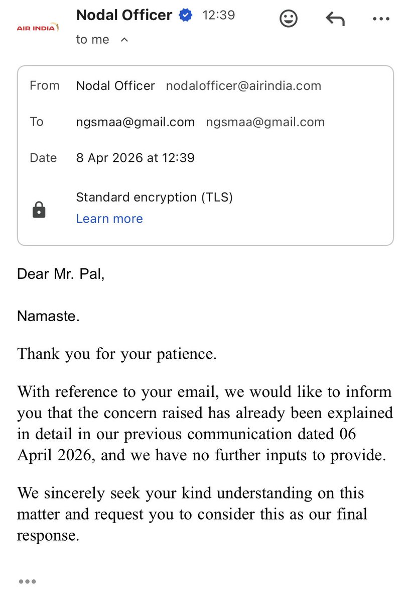 ngsmaa's tweet photo. @airindia Please have a look the rude response from @airindia what a shame! @TataCompanies @PMOIndia @MoCA_GoI @DGCAIndia https://t.co/OeZMXezYw9