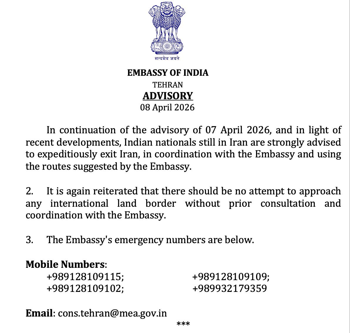 pawanpurohit's tweet photo. The Embassy of India in Tehran has issued a critical update today (April 8, 2026), strongly advising all remaining Indian nationals to expeditiously exit the country.

⚠️ DO NOT approach international land borders without prior Embassy consultation! #IranWar‌ https://t.co/d5fk4JA9YI