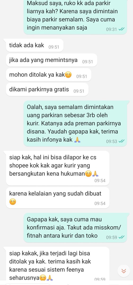 yourcarys's tweet photo. Biasa cm baca² keluhan orang² terkait kurir yg minta uang parkir krn area pengambilan dimintain 'uang parkir' katanya. Pas diconfirm ke sellernya, ktnya ga ada kang parkir/parkir gratis di daerah tokonnya. Ntah siapa yg bnr, tp ini merugikan sih. Bukannya pelit, tp agak kesel 😔 https://t.co/9jS99kqaHG